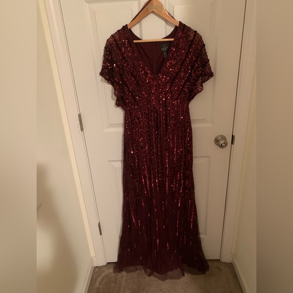 Adrianna Papell Flutter Sleeve Beaded Gown Burgundy - Picture 7 of 9